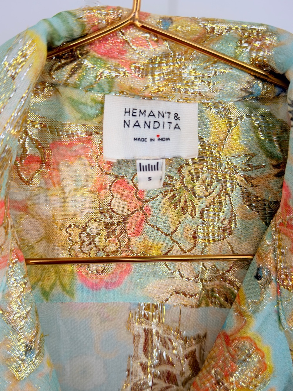 Hemant & Nandita Floral Metallic Gold Button Down Shirt Size S - Picture 3 of 5